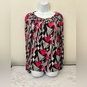 WORTHINGTON Stretch Long Sleeve Top Womens M Abstract Red Black Ruffle Blouse